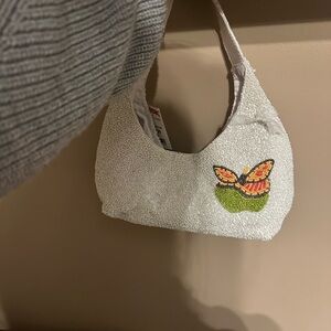 White Beaded Bag with Butterfly Design